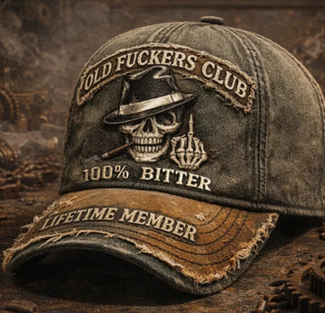 Old Fers Club:* Distressed "100% Bitter" lifetime member cap. Earthy brown tones with a weathered, rugged aesthetic.