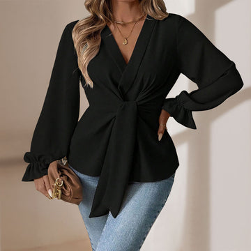 Black Tie V-neck Lantern Sleeve Long-sleeved Top