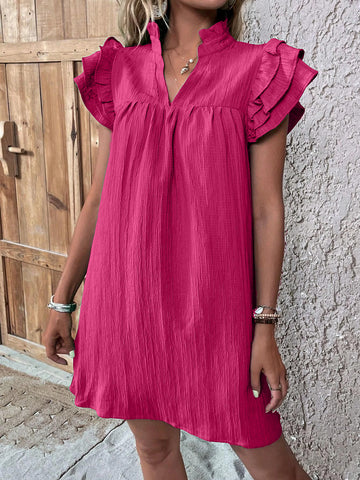 Rose Pink: A feminine and airy mini dress in a soft rose-pink hue. Features a textured finish and delicate flutter sleeves