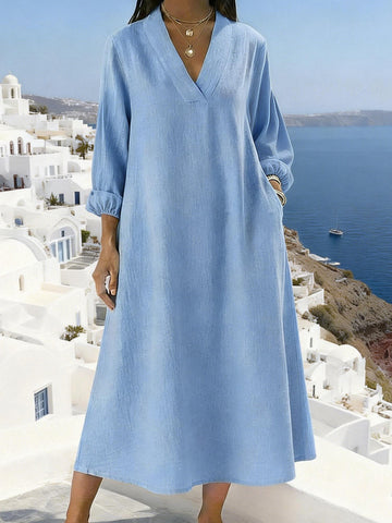 Sky Blue: Crisp, light blue V-neck gown. Soft fabric and a loose-fit design ensure a cool, comfortable feel.