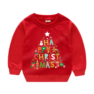 Typographic Tree: Modern red sweatshirt with a "Merry Christmas" tree design made of festive words. A stylish and cozy holiday staple.