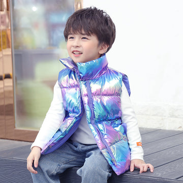 Iridescent Blue: Multi-toned blue vest with a colorful holographic sheen. Durable, stylish, and perfect for active winter days.