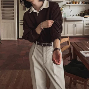 Mens Retro Color-Block Lapel Hoodie  Versatile Long-Sleeve Top