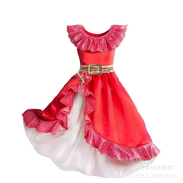 Royal Elena Gown: Stunning red satin princess dress with a ruffled off-the-shoulder neckline. Features a layered white and red glitter-mesh skirt for a magical look.