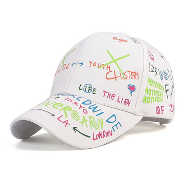 Soft multi-colored lettering on a crisp white cap. Subtle urban flair for daily wear.