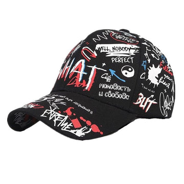 Gritty white-on-black graffiti print. A rugged, street-focused look with an adjustable back.
