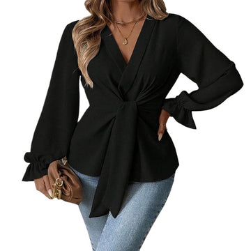Black Tie V-neck Lantern Sleeve Long-sleeved Top