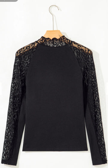 Black Leopard Print Mesh Stitching Knitted Long-sleeved Top