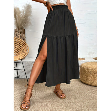 Midnight Flow: Elegant high-waisted black skirt. Combines a modest tiered silhouette with a modern, leg-baring slit.