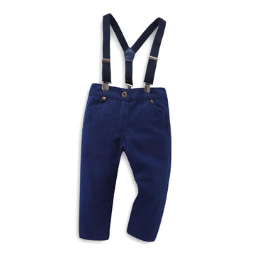 Navy Trousers: Tailored navy blue pants designed with a comfortable elastic waist. Features high-quality contrast stitching for a refined look.