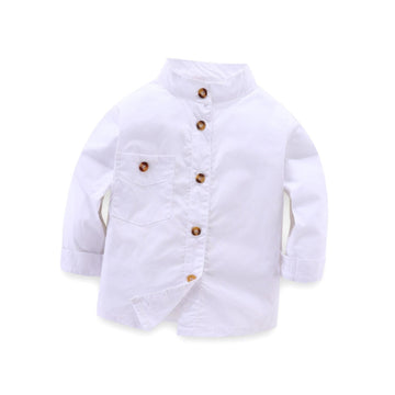 Classic White Shirt: Premium long-sleeve cotton shirt with a polished mandarin collar and wood-style buttons. Soft and breathable for all-day comfort.
