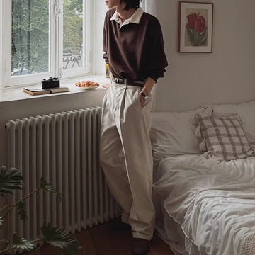 Mens Retro Color-Block Lapel Hoodie  Versatile Long-Sleeve Top