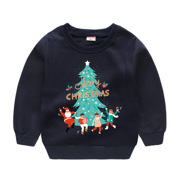Sparkle Spruce: Deep navy blue crewneck featuring a vibrant, decorated Christmas tree. Contrast colors make the holiday spirit pop.