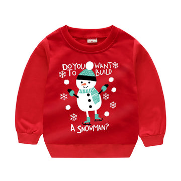 Snowman Hugs: Bright red holiday sweater featuring a cute snowman graphic. Ribbed cuffs and hem ensure a snug, comfortable fit.