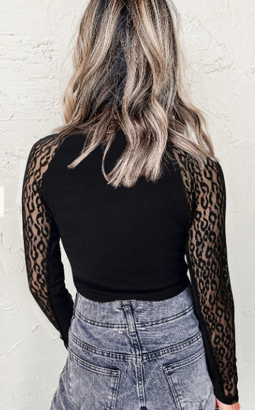 Black Leopard Print Mesh Stitching Knitted Long-sleeved Top