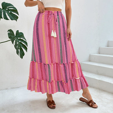 Womens Tassel-Laced Ethnic-Style Striped Printed Skirt