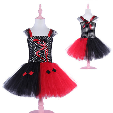 Twirl-Ready Tutu: Multi-layered black and red tulle skirt paired with a premium harlequin bodice. Soft, breathable, and full of volume.