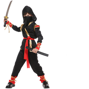 Dual Sword Stance: Action-ready ninja costume with red waist sash and arm bands. Durable fabric built for any adventure.