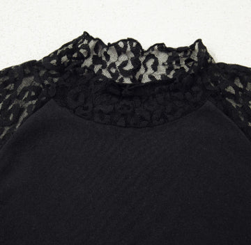 Black Leopard Print Mesh Stitching Knitted Long-sleeved Top