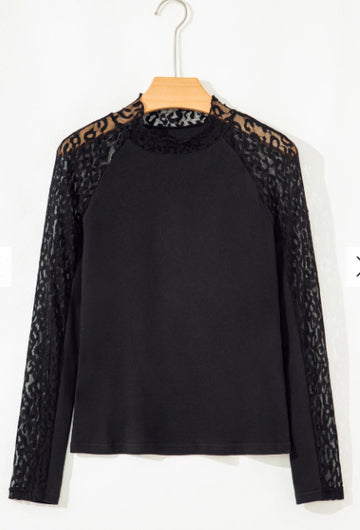 Black Leopard Print Mesh Stitching Knitted Long-sleeved Top