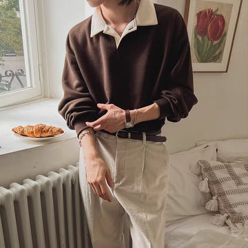 Mens Retro Color-Block Lapel Hoodie  Versatile Long-Sleeve Top