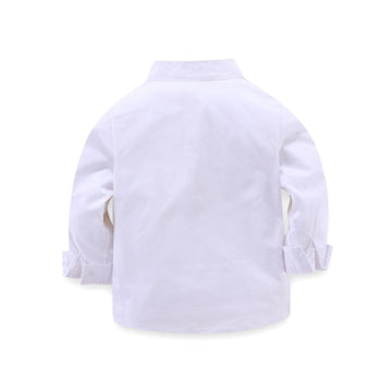 Polished Back: The reverse view of the white button-down, highlighting the clean seams and high-quality construction of this formal staple.
