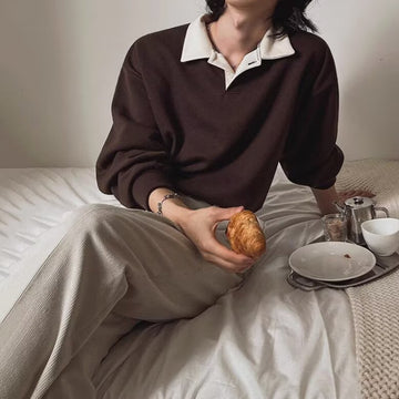 Mens Retro Color-Block Lapel Hoodie  Versatile Long-Sleeve Top