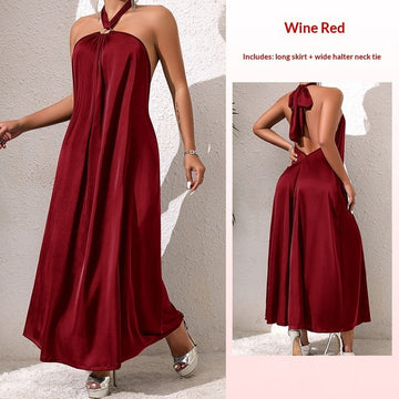 Rich, deep burgundy tones. Sophisticated halter design with an effortless, draped fit.