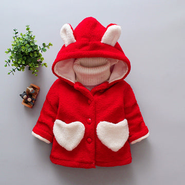 Crimson Cuddles: Bold red hooded fleece with a thick, fuzzy lining. The whimsical bunny ears and heart details add a touch of magic.
