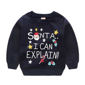 Naughty List: Sleek navy sweatshirt with a humorous "Santa, I can explain!" graphic. A fun and witty choice for the holiday season.