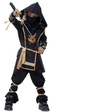 Gold Dragon: Premium black ninja suit with intricate gold trim. Features reinforced leg wraps and a sleek, professional fit.