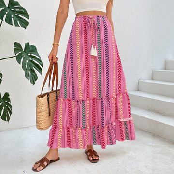 Womens Tassel-Laced Ethnic-Style Striped Printed Skirt