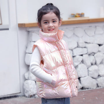 Champagne Glow: Shimmering pale gold vest with a metallic finish. A trendy and cozy outer layer for little fashionistas.
