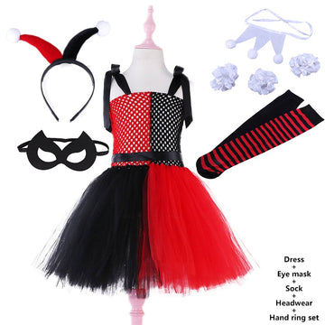 Royal Accessory Kit: Complete costume set including the tiered harlequin dress, a matching headband, and a sleek eye mask.